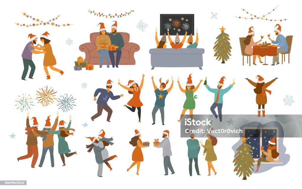 people celebrating christmas and happy new year night, isolated  vector illustration graphic scenes set Christmas stock vector