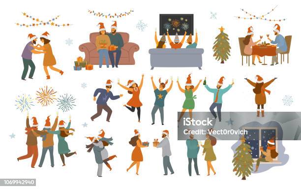 People Celebrating Christmas And Happy New Year Night Isolated Vector Illustration Graphic Scenes Set Stock Illustration - Download Image Now