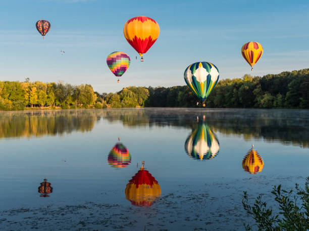 Hot-Air Balloons Albany Oregon Northwest Art Air Festival Over Water stock photo