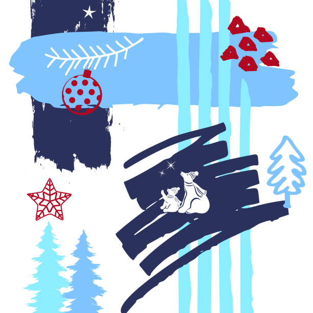 рука обращается абстрактные причудливые рождество, зимнее время краски кисти искусства штрихи текстуры, изложенные каракули и полярного п - pine tree brush stroke winter snow stock illustrations