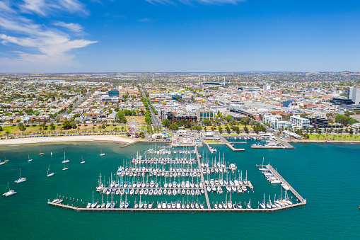 Aerial photo of city centre of Geelong in Victoria, Australia