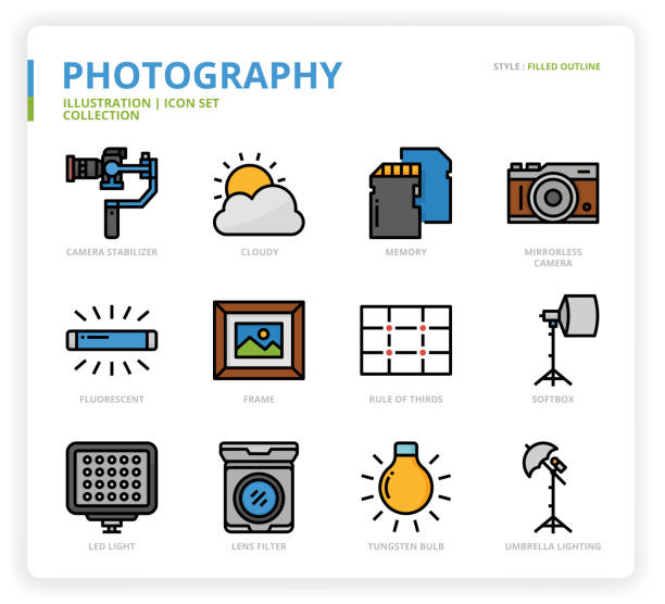 fotografie-icon-set - mittelformat kamera stock-grafiken, -clipart, -cartoons und -symbole