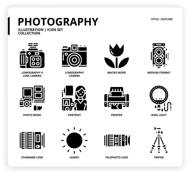 fotografie-icon-set - mittelformat kamera stock-grafiken, -clipart, -cartoons und -symbole