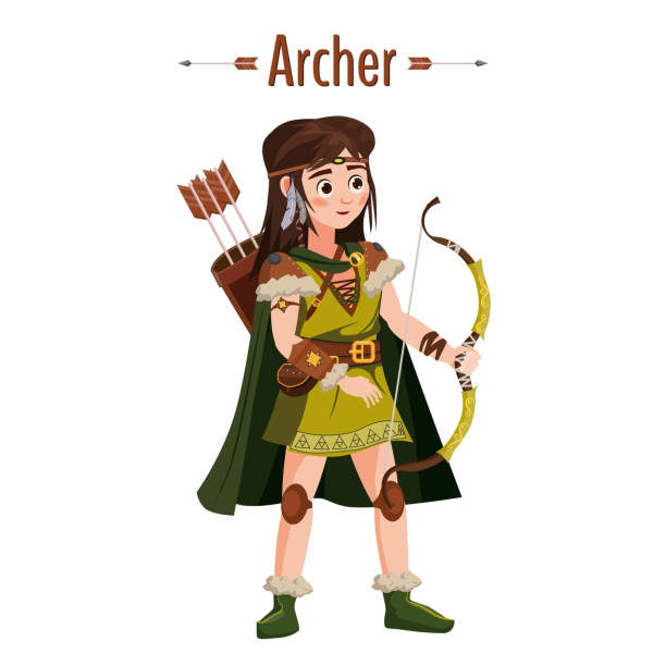 illustrations, cliparts, dessins animés et icônes de archer fille guerrier avec arc, flèches, carquois. caractère médiéval européen en costume traditionnel. vector illustration isolé. style cartoon - archery target sport sport computer icon