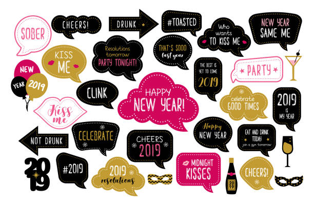 Happy new year 2019 photo booth props Happy new year 2019 photo booth props. New year eve party. Photobooth vector set for masquerade. Christmas and new year funny quotes on speech bubbles. Cheers, celebrate, kiss me, drunk. booth photos stock illustrations