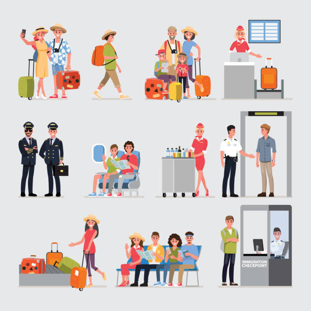 illustrations, cliparts, dessins animés et icônes de plat de personnage de dessin animé avec set de voyage, série de bande dessinée illustration infographie airport.vector. concept de voyage. - passager