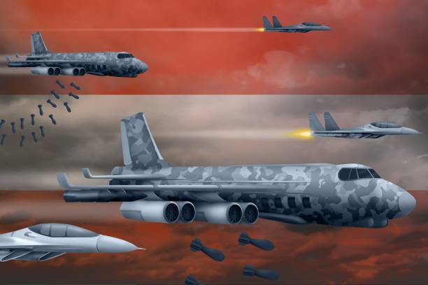 istock Austria air forces bombing strike concept. Austria army air planes drop bombs on flag background. 3d Illustration 1069951856