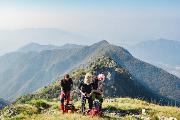 istock Hikers team on high mountain trail 1069955380