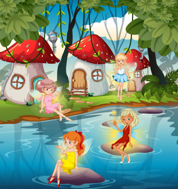 ilustrações de stock, clip art, desenhos animados e ícones de fairy at the magic land - cartoon mushroom fairy fairy tale