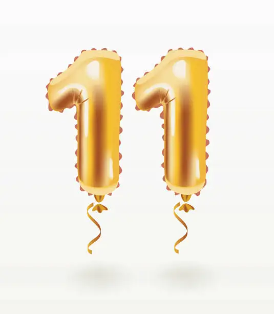 Vector illustration of 11 Years Golden Aluminum Foil Balloon anniversary
