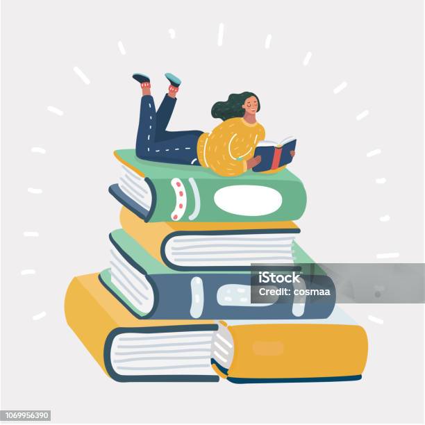 Ilustración de Mujer Leyendo El Libro Sobre Pila De Libro y más Vectores Libres de Derechos de Libro - Libro, Leer, Educación