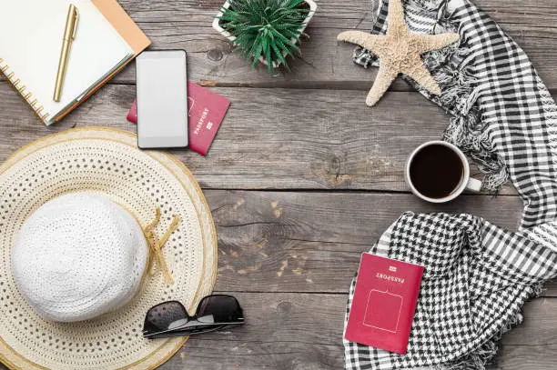 Travel accessories concept. Preparation for travel, important notes in notebook. Passport, sunglass, coffee, smartphone on a wooden table. Top view. Copy space