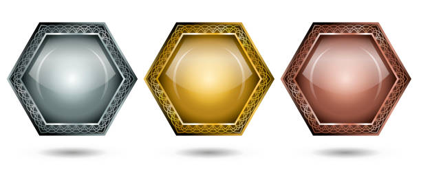 ilustrações de stock, clip art, desenhos animados e ícones de set of silver, gold and bronze hexagon insignias. badges collection. label template on white background. - shield bronze gold silver