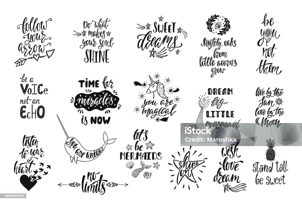 Set of positive inspirational quotes. Magical calligraphy hand drawn phrases about mermaid, narwhal, unicorn, dreams. Vector lettering Set of positive inspirational quotes. Magical calligraphy hand drawn phrases about mermaid, narwhal, unicorn, dreams. Vector lettering for print, tshirt, poster. Typographic design. Sayings stock vector