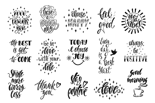 Good vibes, choose happy, love, thank you and others. Set of positive inspirational quotes. Modern calligraphy hand drawn phrases. Vector lettering for print, tshirt, poster. Typographic design.