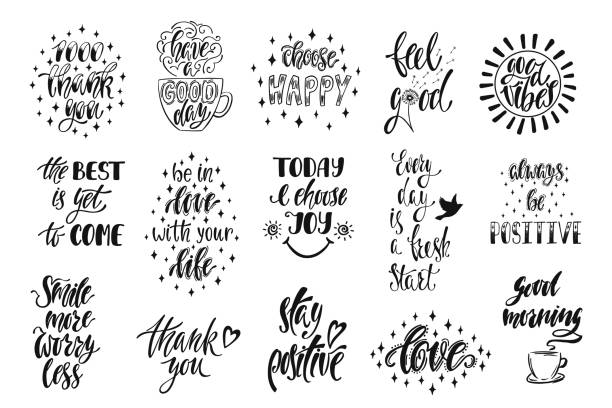 Good vibes, choose happy, love, thank you and others. Set of positive inspirational quotes. Modern calligraphy hand drawn phrases. Vector lettering Good vibes, choose happy, love, thank you and others. Set of positive inspirational quotes. Modern calligraphy hand drawn phrases. Vector lettering for print, tshirt, poster. Typographic design. sayings stock illustrations