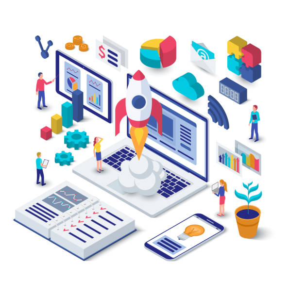 ilustrações de stock, clip art, desenhos animados e ícones de business startup isometric concept. rocket launch from the laptop. flat design 3d vector illustration of a team working on a new project. - teamwork occupation creativity taking off