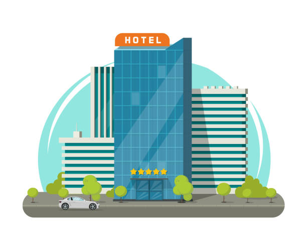ilustraciones, imágenes clip art, dibujos animados e iconos de stock de hotel aislado en ilustración vector calle de ciudad, hotel de plano moderno rascacielos edificio cerca de la carretera - lugar turístico
