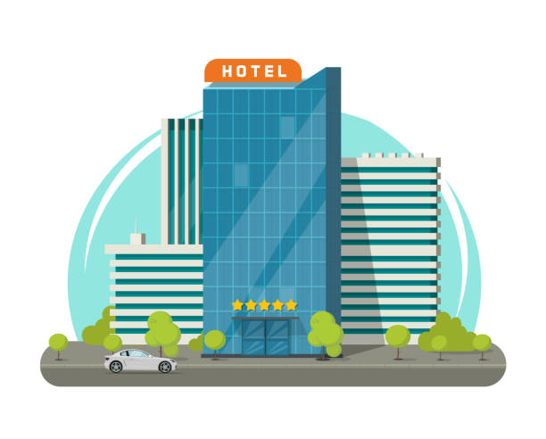 Hotel isolated on city street vector illustration, flat modern skyscraper hotel building near road vector art illustration