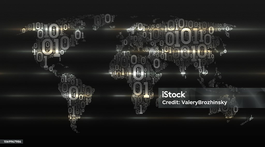 Binary Code World Map With Continents On Dark Cellular Background ...