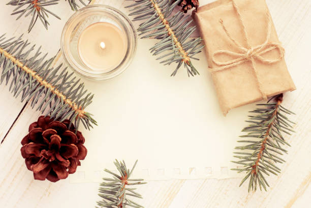 istock Top view winter holiday background, natural decor. 1069979146