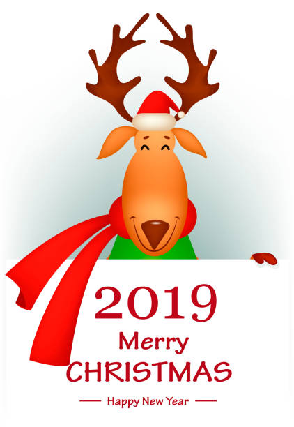 istock Funny deer wearing Santa Claus hat and red scarf 1069982570