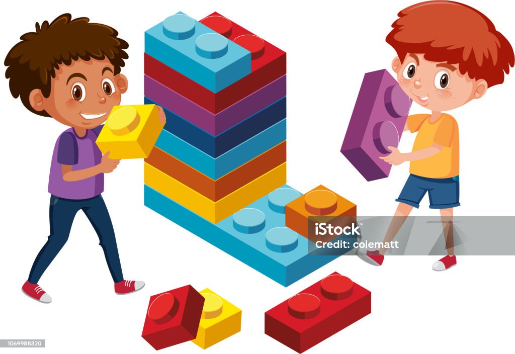 Boys playing plastic block brick Boys playing plastic block brick illustration Child stock vector