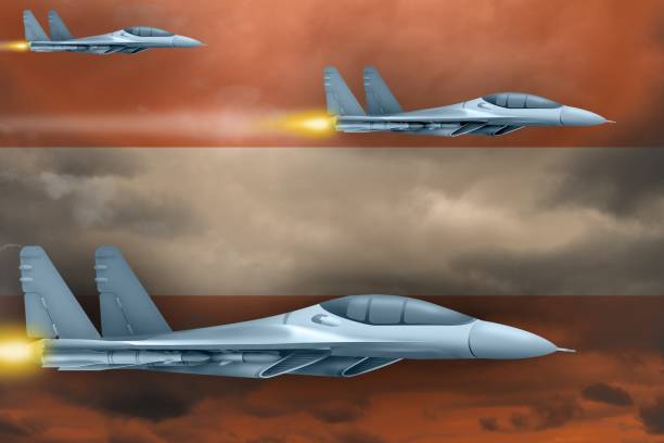 istock Austria air forces strike concept. Air planes attack on Austria flag background. 3d Illustration 1069988472