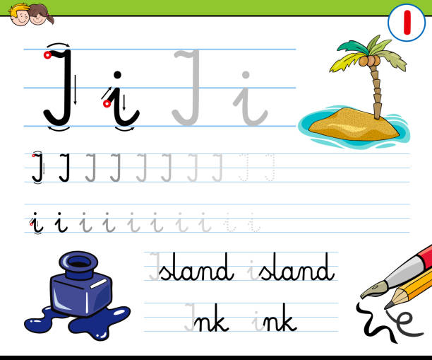 ilustrações, clipart, desenhos animados e ícones de como escrever carta que a pasta de trabalho para crianças - island education learning letter i