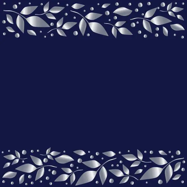 Vector illustration of Blue background stylized as blue velvet with decorative stripes align top and below with silver leaves and dots