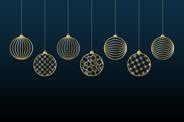 рождественский фон золотые шары игрушка на синем фоне праздничн ый фон для рождества и новый год шаблон золотой линии игрушка мяч рождестве - christmas ball stock illustrations