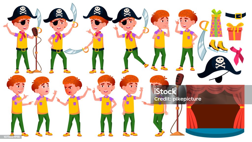 Boy Poses Set Vector. Public Performance. Pirate, Saber, Skull. For Presentation, Invitation, Card Design. Isolated Cartoon Illustration Boy Poses Set Vector. Public Performance. Pirate, Saber, Skull. For Presentation, Invitation Card Design Isolated Illustration Bonding stock vector