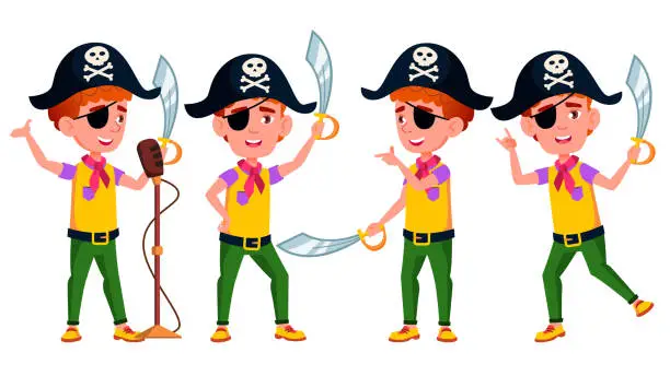 Vector illustration of Boy Poses Set Vector. Public Performance. Pirate, Saber, Skull. For Advertisement, Greeting, Announcement Design. Isolated Cartoon Illustration