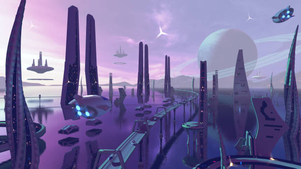 istock Alien sci-fi city with neon colors. 3D rendering 1070012388