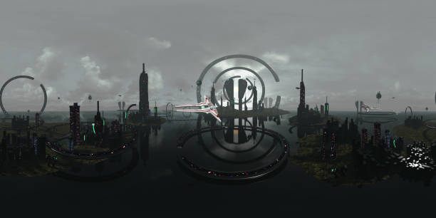 istock Spherical 360 degrees, seamless panorama alien futuristic city. 3D rendering 1070012468