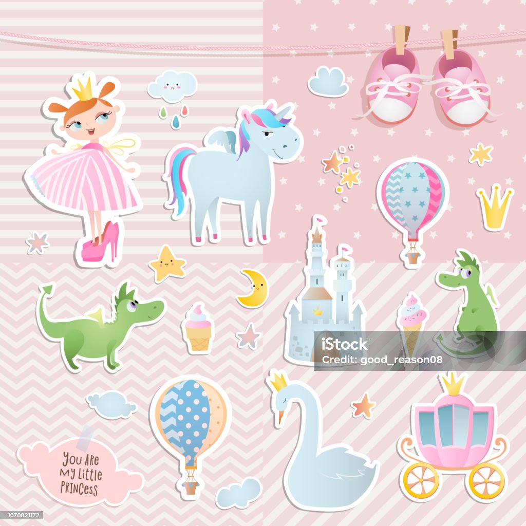 Set of elements for baby shower design with a princess and a unicorn. Paper, scrapbook. Baby - Human Age stock vector