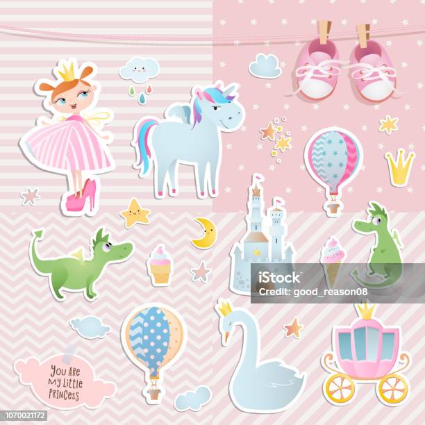 Set Of Elements For Baby Shower Design With A Princess And A Unicorn Paper Scrapbook Stock Illustration - Download Image Now