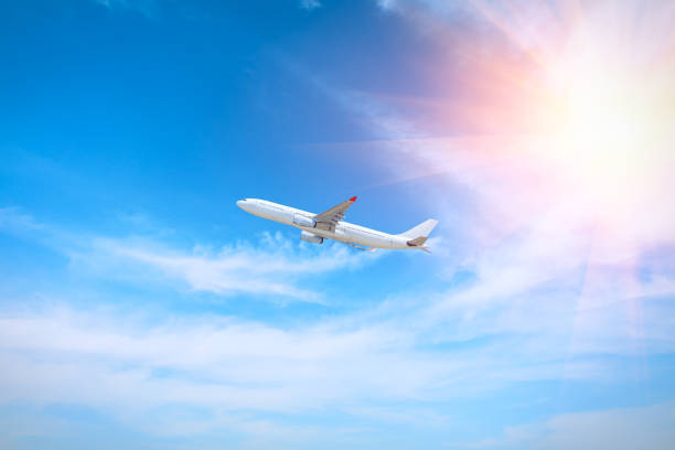 istock Airplane flying in the blue sky 1070022096