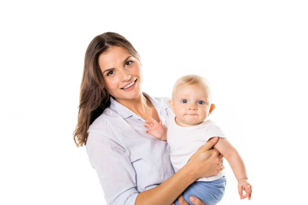 istock A mother holdng his baby on studio white background 1070027464