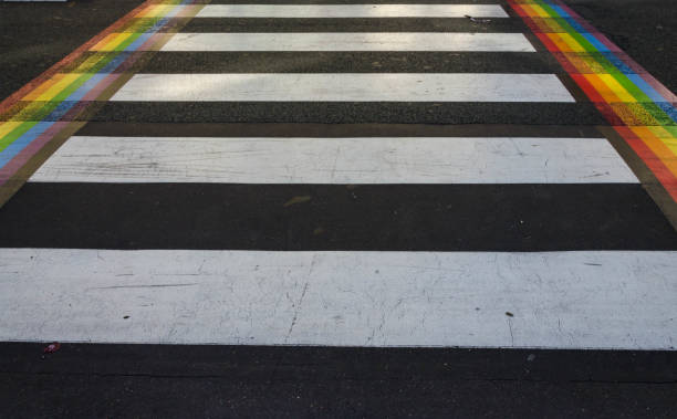 istock Pedestrian walkway with painted rainbow from both sides in Le Marais quarter in Paris 1070027468