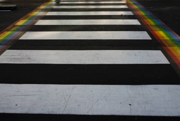 istock Pedestrian walkway with painted rainbow from both sides in Le Marais quarter in Paris 1070027508