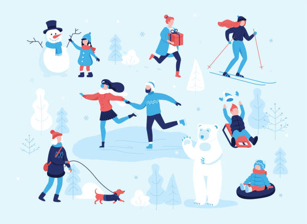 ilustrações, clipart, desenhos animados e ícones de pessoas no parque tendo diversão e atividades de inverno, esquiar, patinar, menina passeando com o cachorro, criança fazendo um boneco de neve, crianças, andar de trenó na encosta da montanha. casal na pista de skate. conceito de plano humor inverno - esporte de inverno