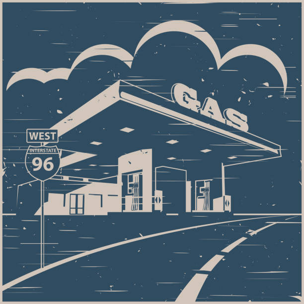 ilustrações de stock, clip art, desenhos animados e ícones de gas station on the road old poster - station retro revival gas station old