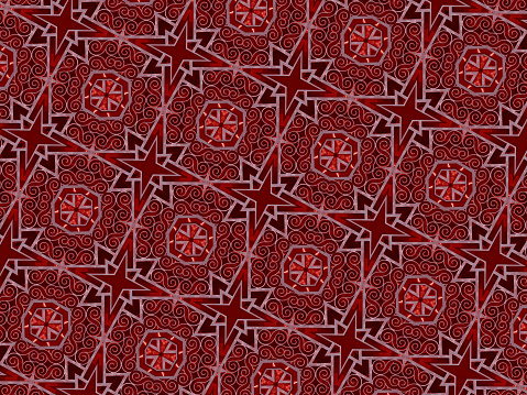 Christmas stars and swirly lines pattern. Red holiday background illustration.