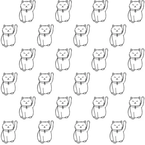 Vector illustration of Vector hand drawn seamless pattern with Japanese maneki neko lucky cats contours. Cute Asian background.