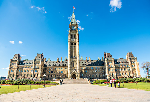 The Center Block and the Peace Tower in Parliament Hill at Ottawa in Canada