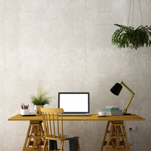 istock interior design for working area with Destop computer screen on white top desk,working space,working background ,interior of working room , concrete background,3d illustration,3d rendering 1070039572