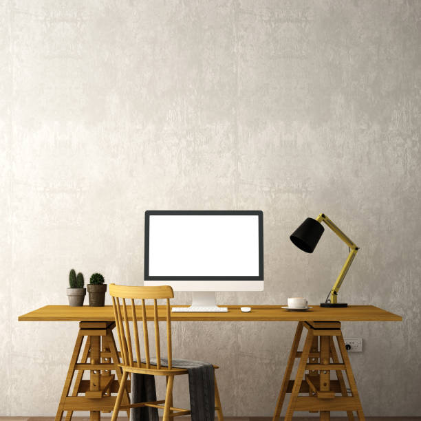 istock interior design for working area with Destop computer screen on white top desk,working space,working background ,interior of working room , concrete background,3d illustration,3d rendering 1070040692