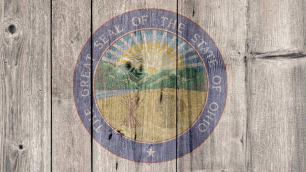 USA Politics News Concept: US State Ohio Seal Wooden Fence Background