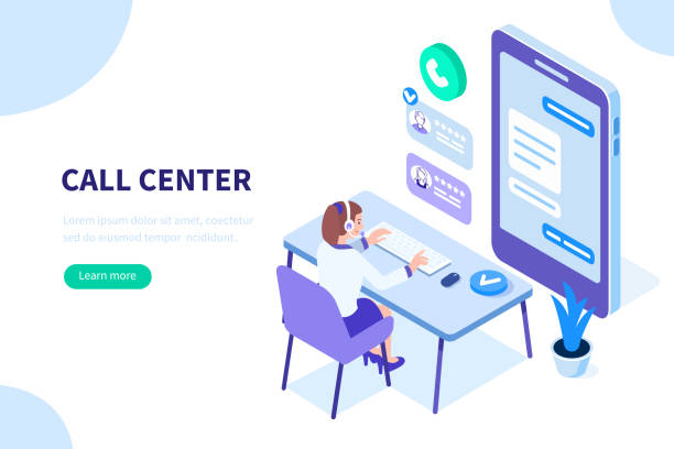 call center Customer support concept. Can use for web banner, infographics, hero images. Flat isometric vector illustration isolated on white background. talking on office phone stock illustrations